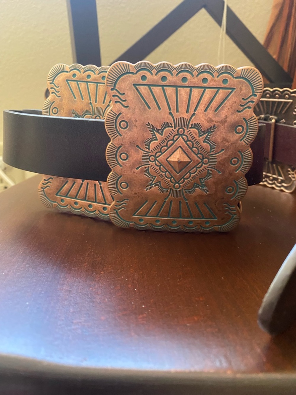 Lucky & Blessed Black Leather Belt with Decorative Copper-Tone Buckle